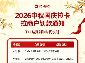 2026年拉卡拉双节划款通知：T+1到账表与商户收款提醒